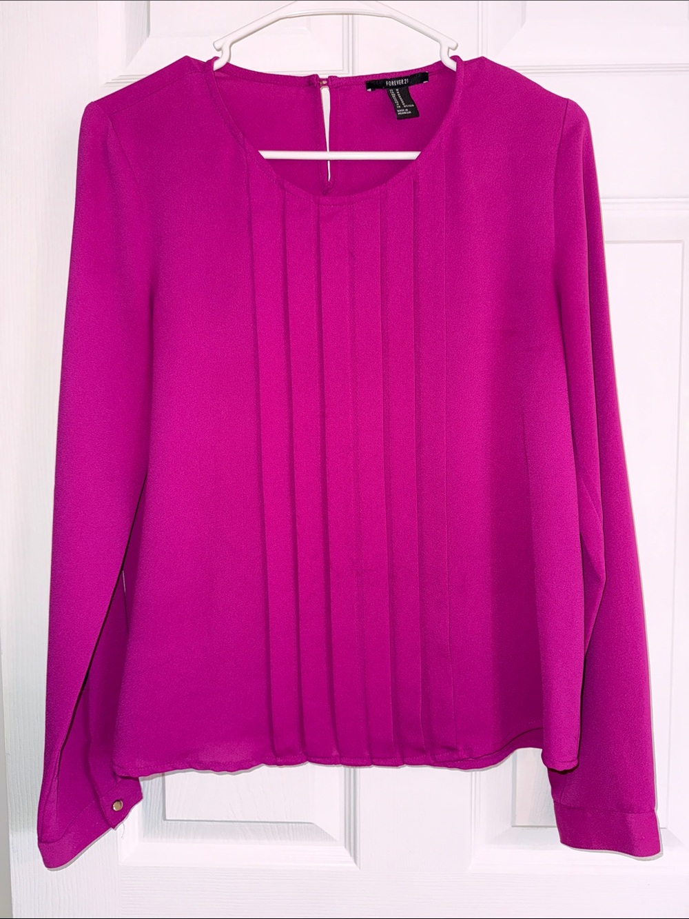 Women's Bright Fuchsia Pleated Long-Sleeve Blouse